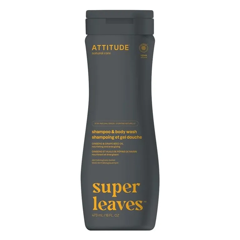 Attitude - Super Leaves - 2-In-1 Shampoo & Body Wash Ginseng & Grape Seed Oil - 473ml